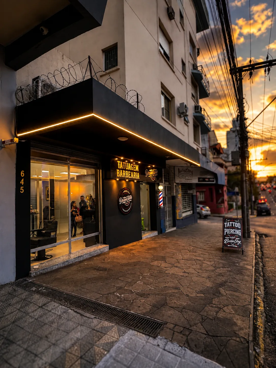 Fachada do Dream Tattoo Lounge ao entardecer